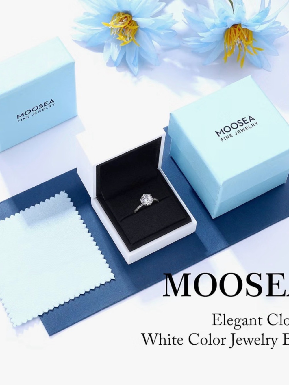 Moonsea Blue Gift Box with Silver Ring and White Gem